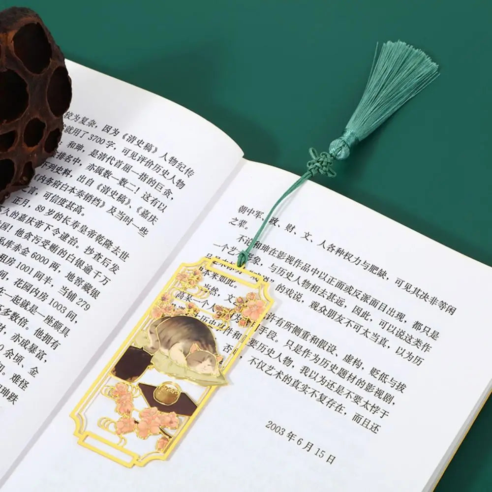 Floral Cat Bookmark — Retro Chinese Style with Tassel