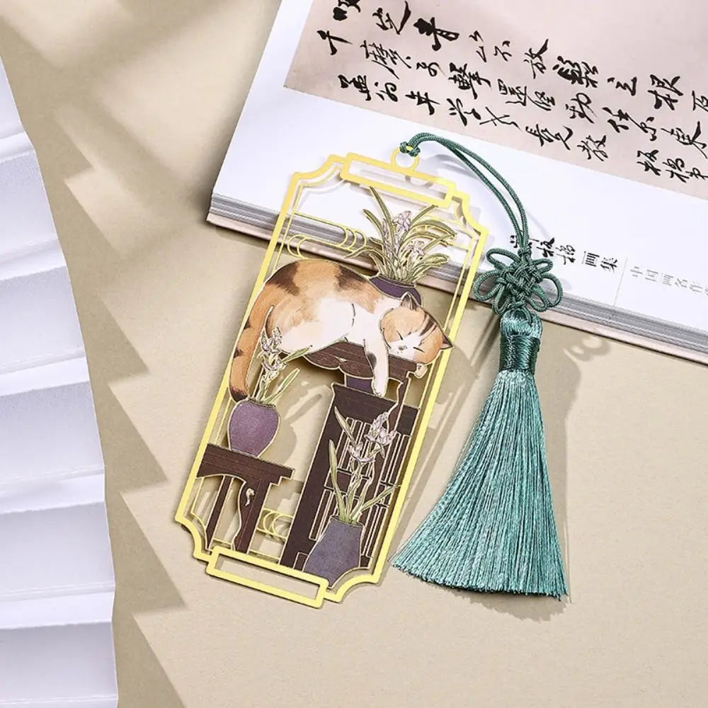 Floral Cat Bookmark — Retro Chinese Style with Tassel
