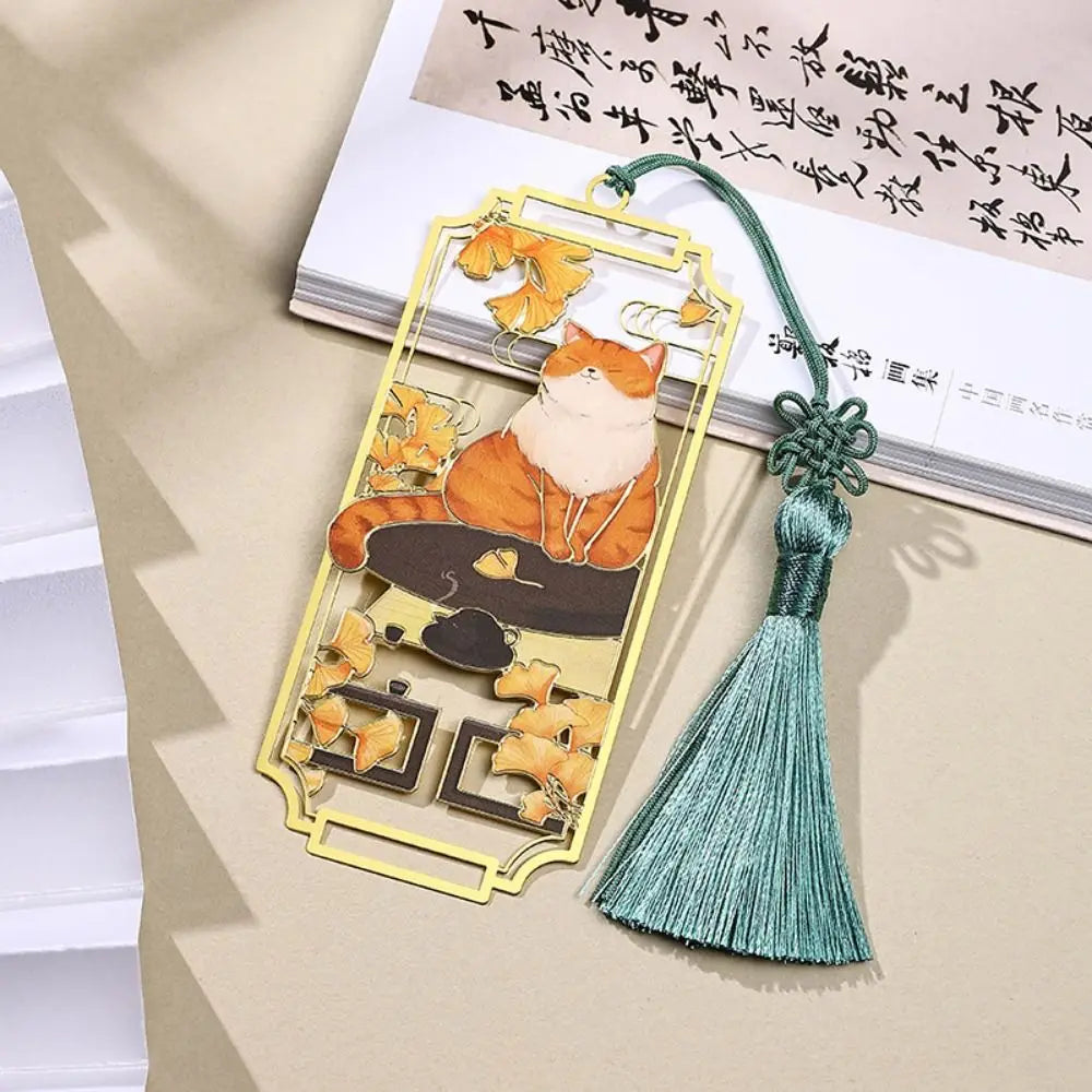 Floral Cat Bookmark — Retro Chinese Style with Tassel