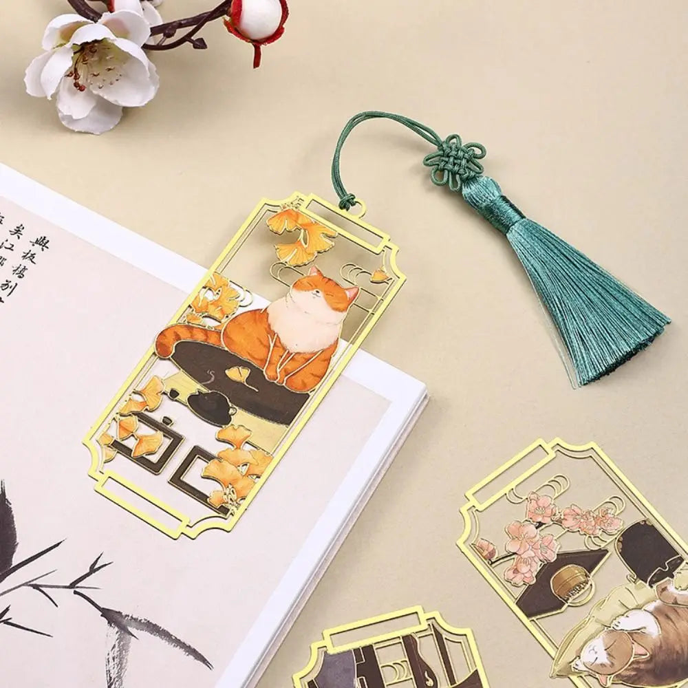 Floral Cat Bookmark — Retro Chinese Style with Tassel