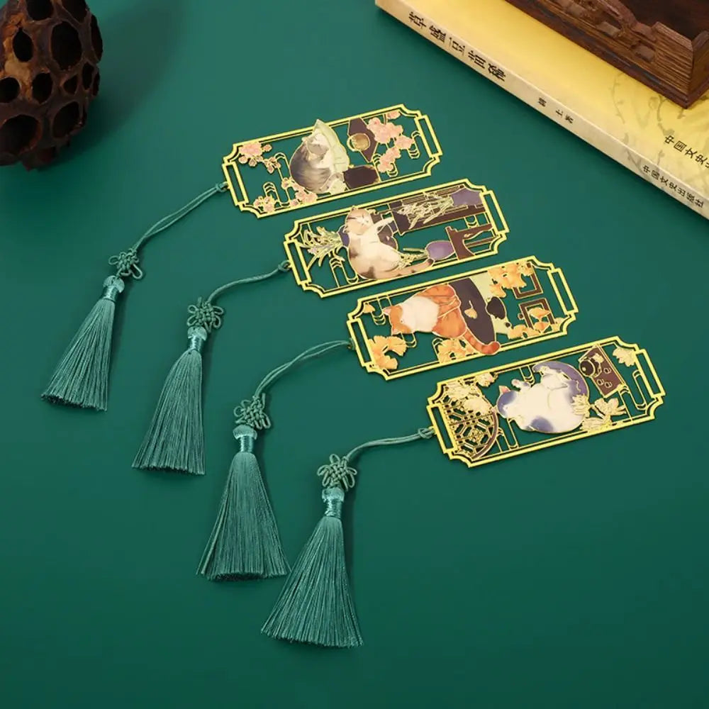 Floral Cat Bookmark — Retro Chinese Style with Tassel