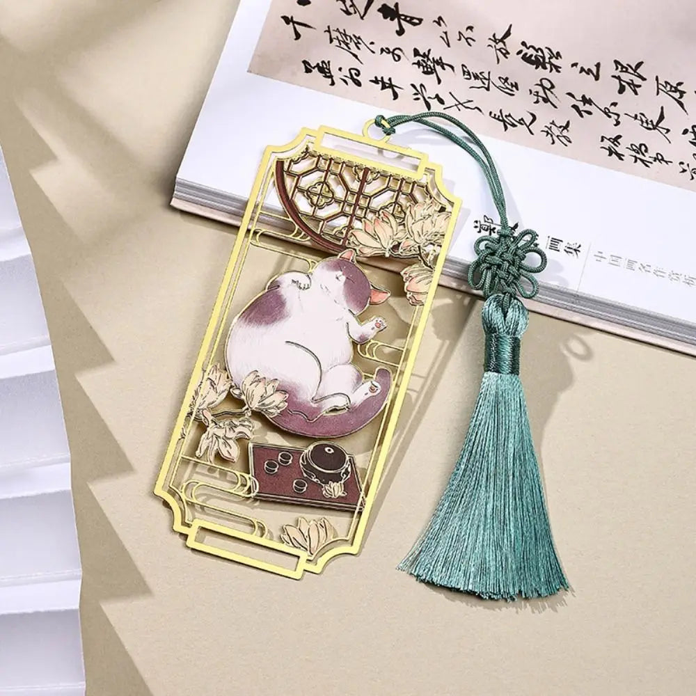 Floral Cat Bookmark — Retro Chinese Style with Tassel